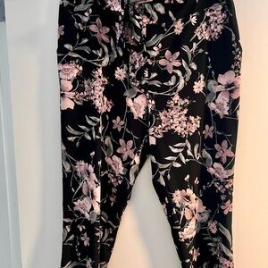 Black Floral Print Pants with Pink Flowers